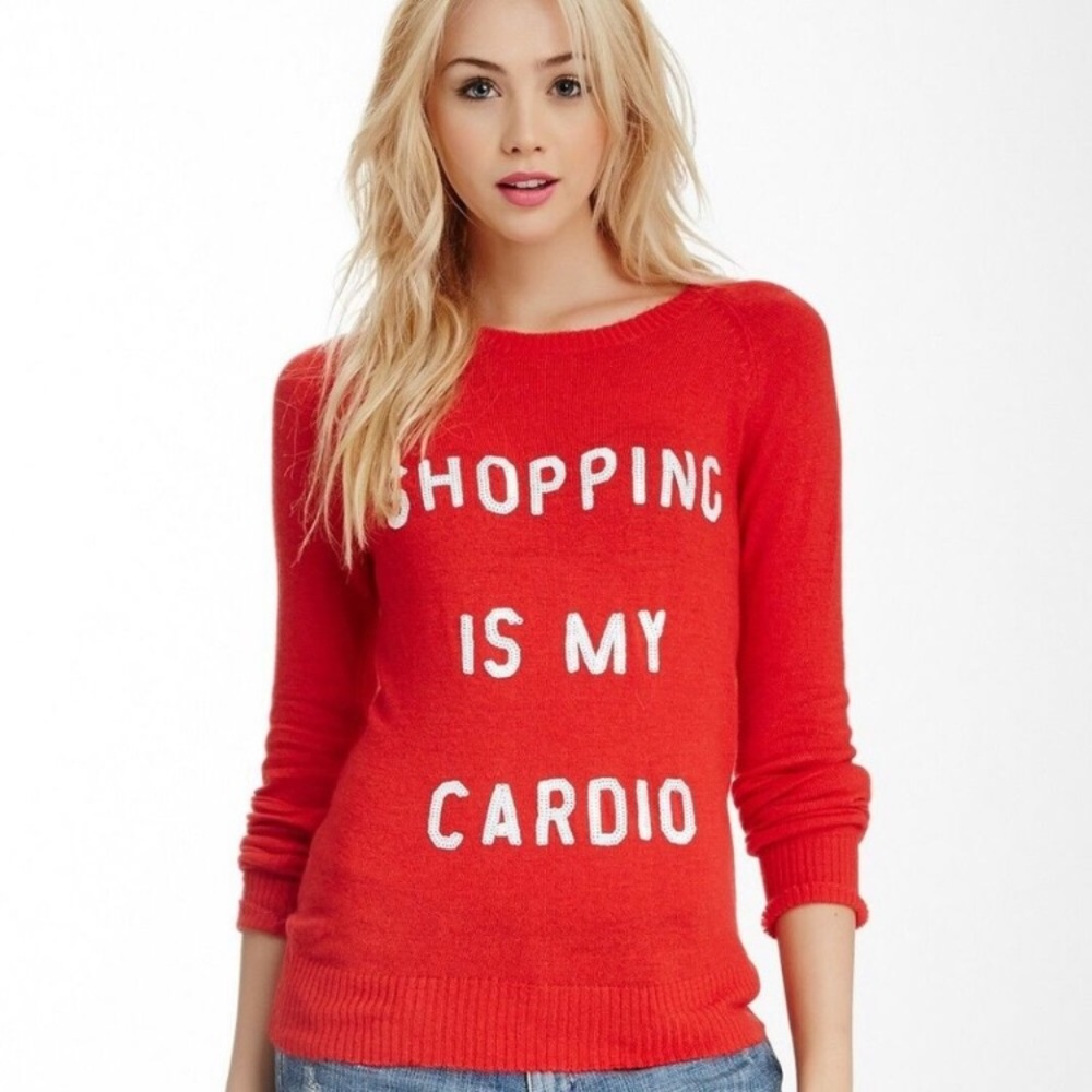 Wildfox Sequined Shopping Is My Cardio Sweater Red